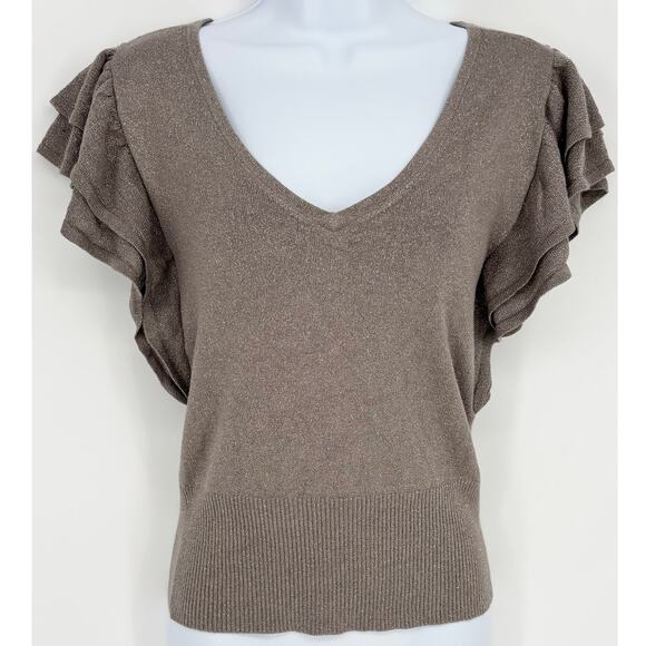 Express Mocha Brown Shimmer Ruffle Sleeve V-neck Top Size XS - Picture 1 of 6